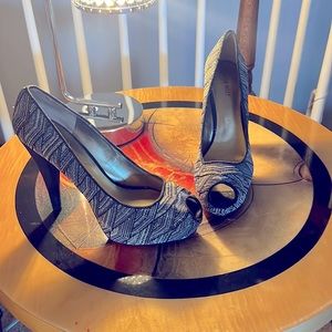 Silver, Black, Gold Peep Toe Heels; Size 10